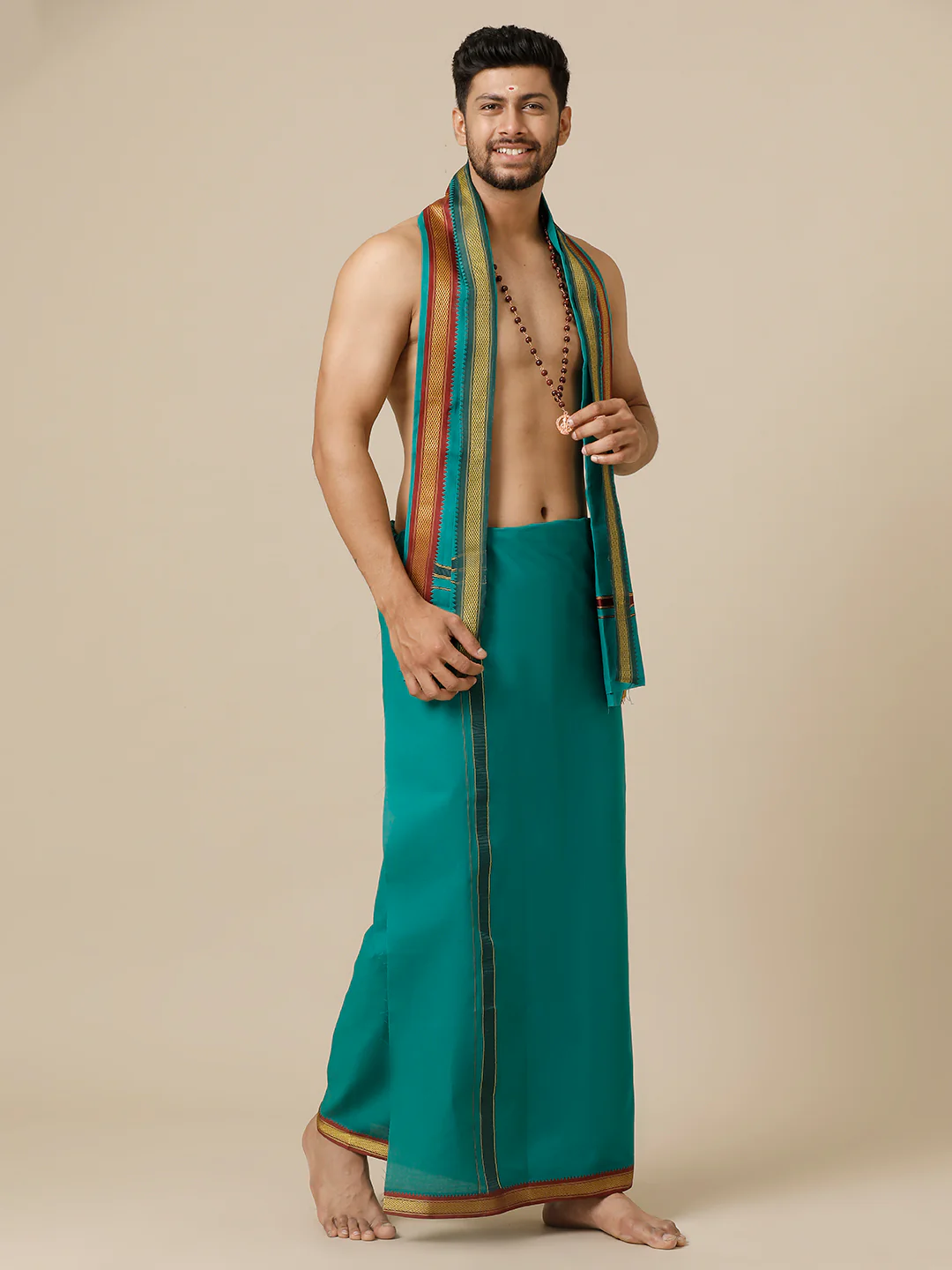 Men 100% Cotton Single Layer Green Dhoti with Mayilkhan Border Brindhavan - Image 3