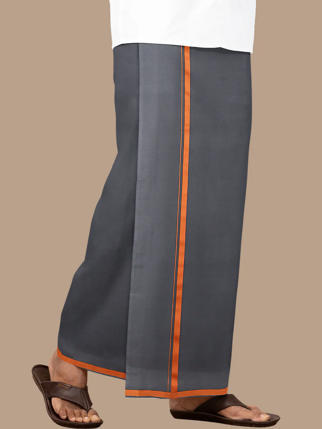 Men 100% Cotton Single Layer Grey Dhoti with Big Border Poojan - Image 2