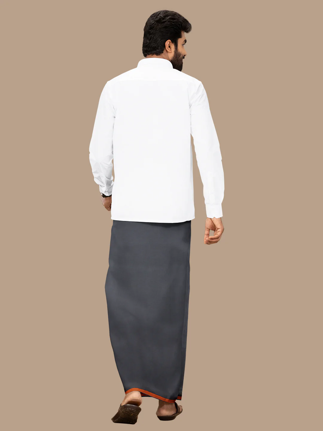 Men 100% Cotton Single Layer Grey Dhoti with Big Border Poojan - Image 5
