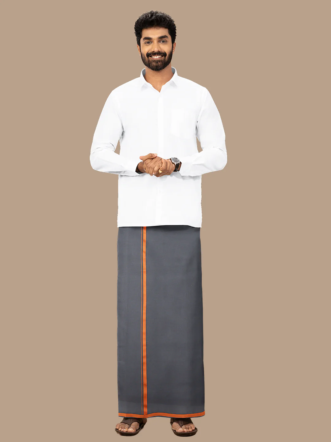 Men 100% Cotton Single Layer Grey Dhoti with Big Border Poojan - Image 6