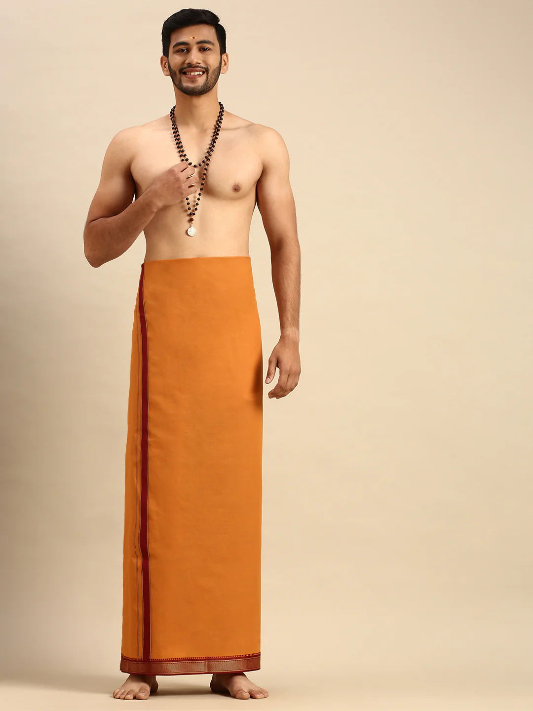 Men 100% Cotton Single Layer Kaavi Dhoti & Towel Set with Mayilkhan Border Brindhavan - Image 2