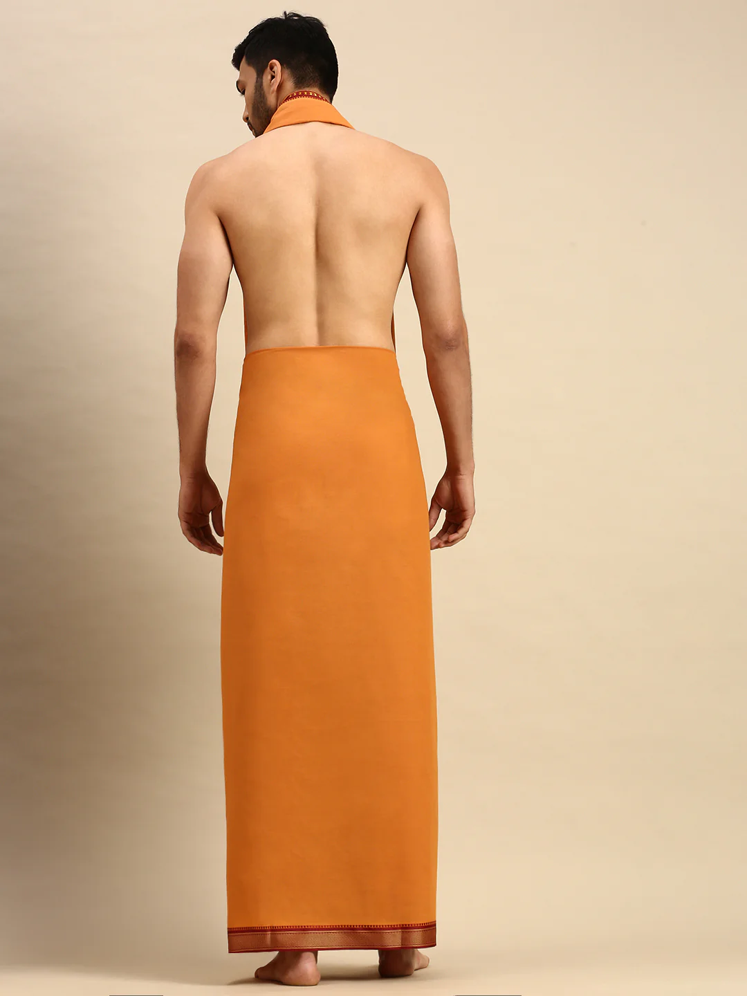 Men 100% Cotton Single Layer Kaavi Dhoti & Towel Set with Mayilkhan Border Brindhavan - Image 3