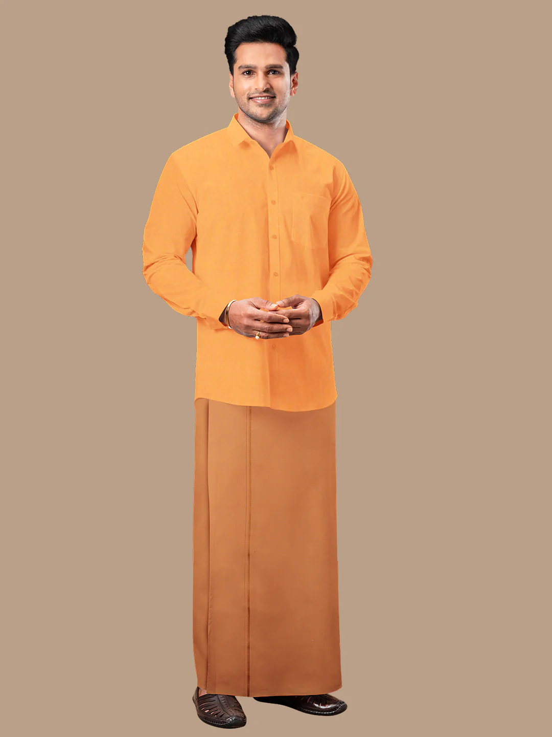 Men 100% Cotton Single Layer Kaavi Dhoti with Assorted Border Poojan SB - Image 3