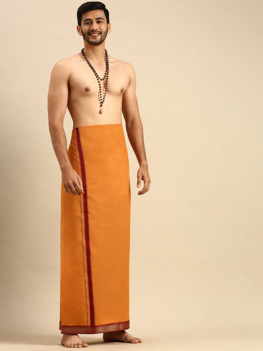 Men 100% Cotton Single Layer Kaavi Dhoti with Mayilkhan Border Brindhavan - Image 3