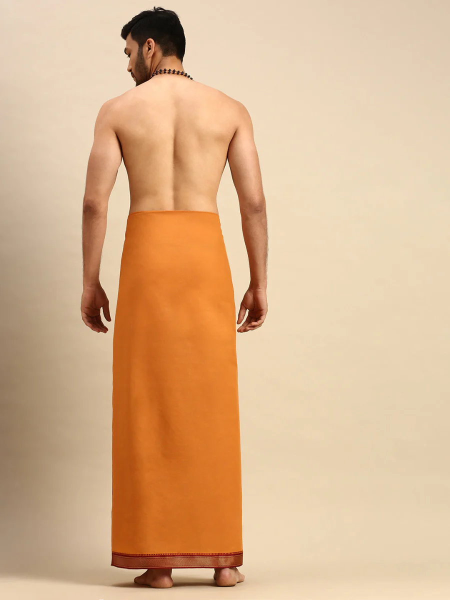 Men 100% Cotton Single Layer Kaavi Dhoti with Mayilkhan Border Brindhavan - Image 4