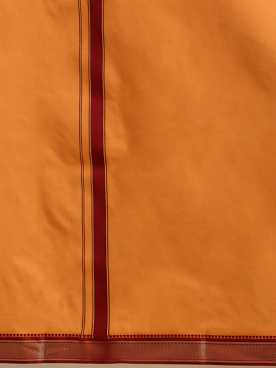 Men 100% Cotton Single Layer Kaavi Dhoti with Mayilkhan Border Brindhavan - Image 5