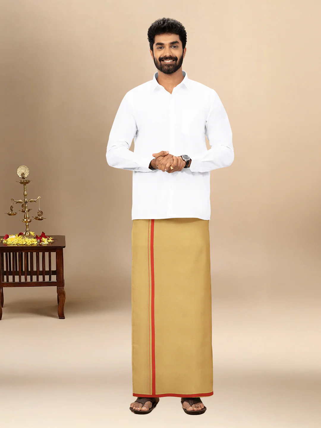 Men 100% Cotton Single Layer Kakki Dhoti with Big Border Poojan - Image 2