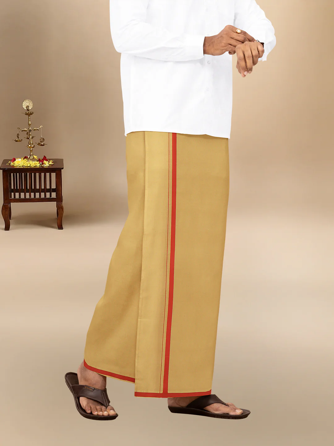 Men 100% Cotton Single Layer Kakki Dhoti with Big Border Poojan - Image 4
