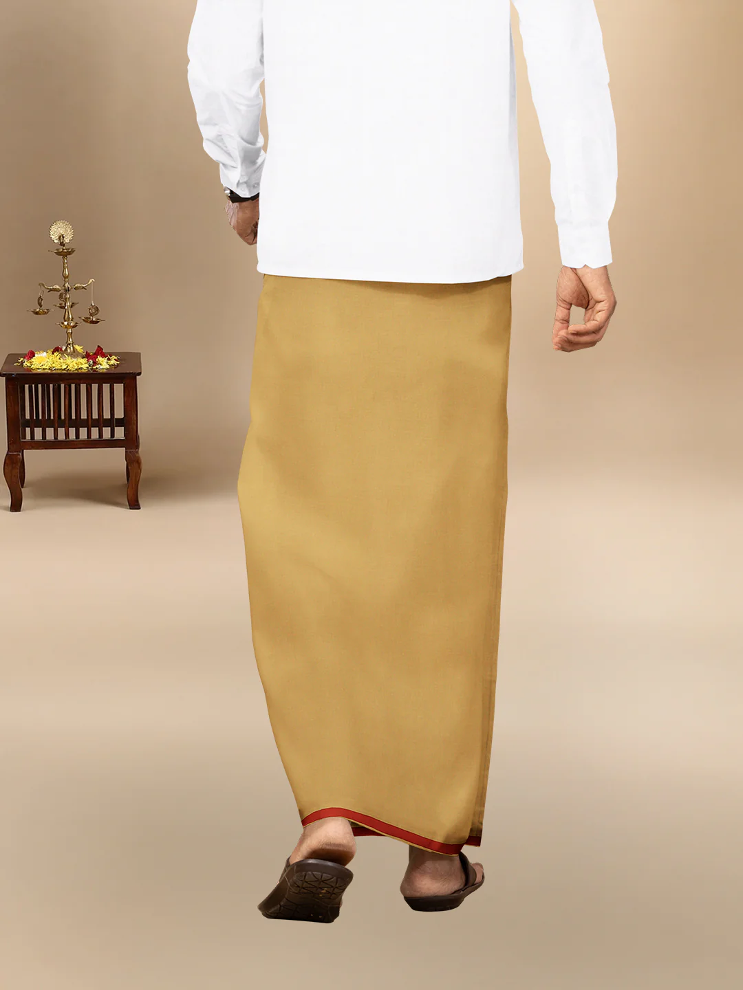 Men 100% Cotton Single Layer Kakki Dhoti with Big Border Poojan - Image 5
