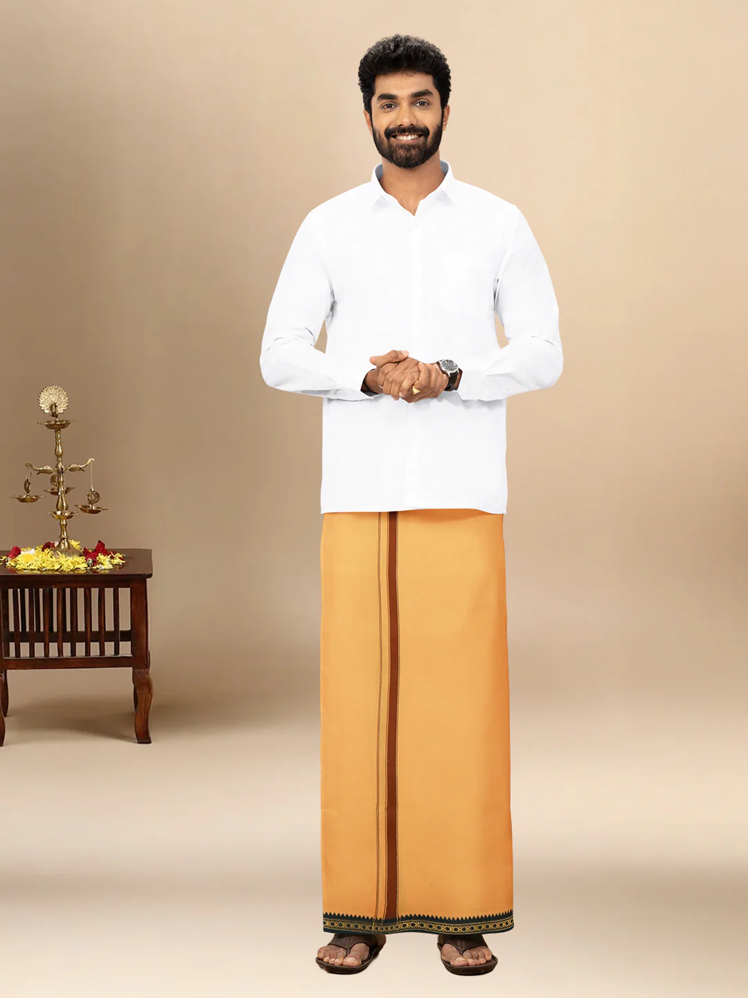 Men 100% Cotton Single Layer Kaavi Dhoti with Mayilkhan Border Slokam (4 Way Dhoti) - Image 2