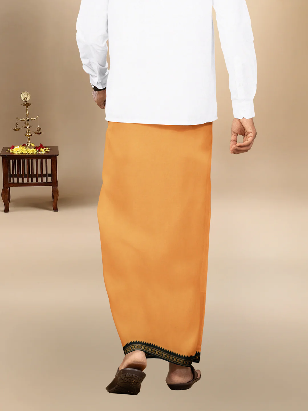 Men 100% Cotton Single Layer Kaavi Dhoti with Mayilkhan Border Slokam (4 Way Dhoti) - Image 4