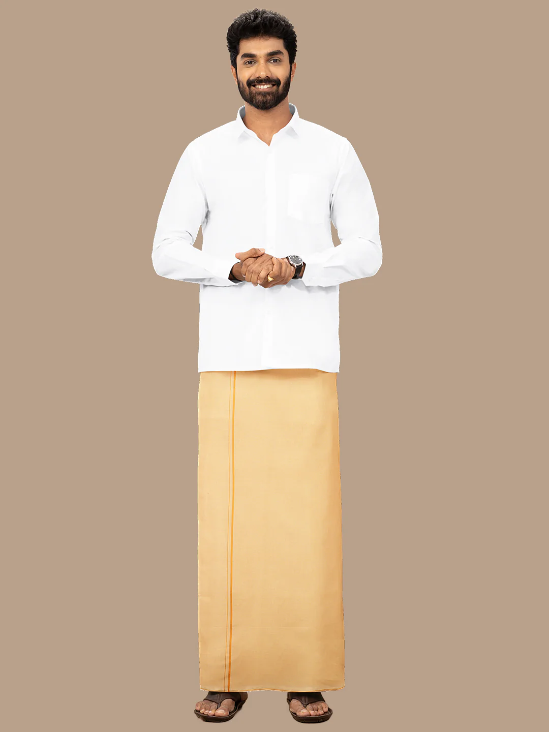 Men 100% Cotton Single Layer Light Kaavi Dhoti with Assorted Border Poojan SB - Image 3