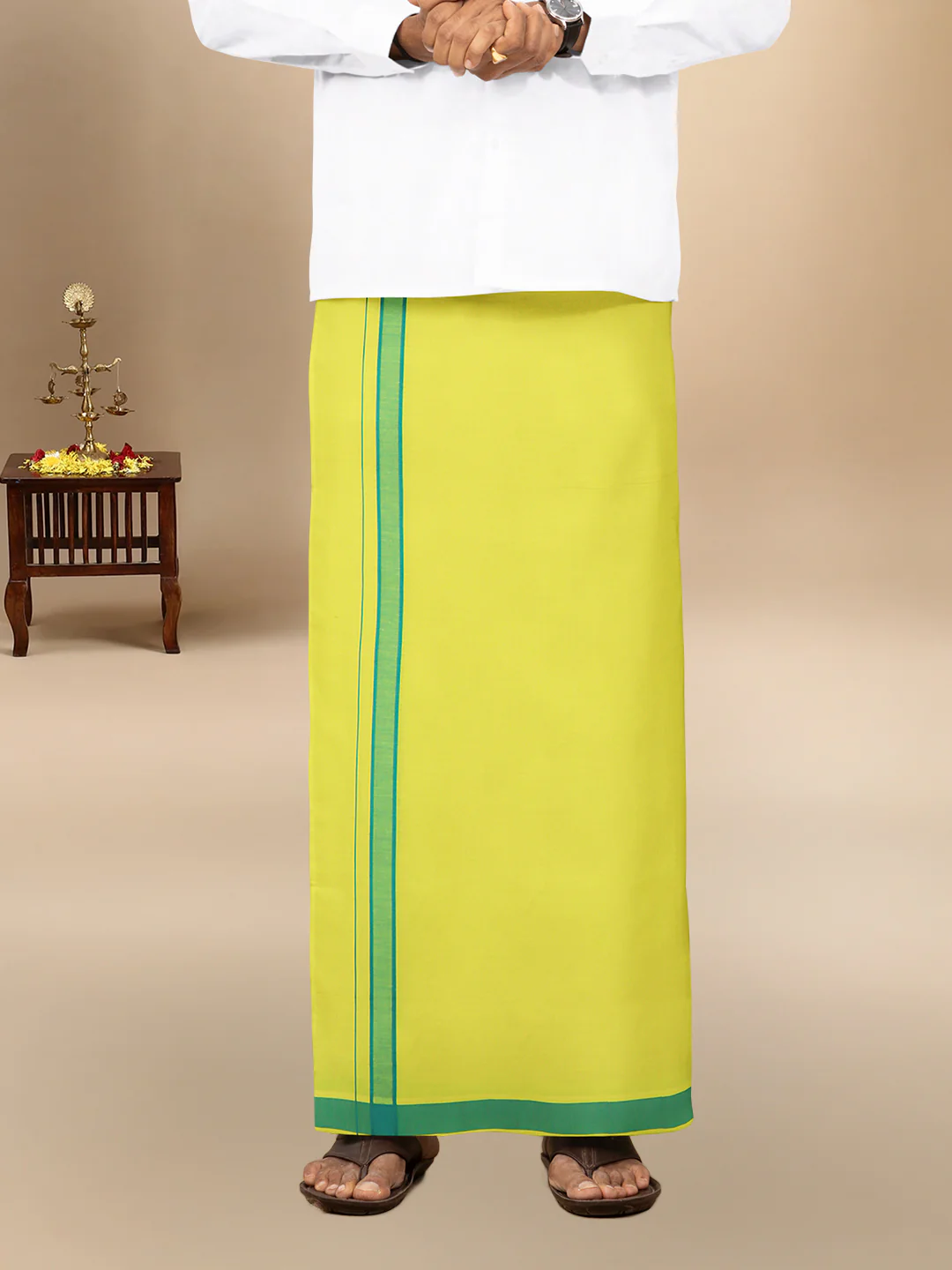 Men 100% Cotton Single Layer Lime Yellow Dhoti with Fancy Border Ahimsa