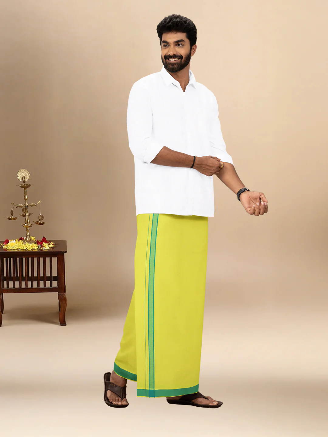 Men 100% Cotton Single Layer Lime Yellow Dhoti with Fancy Border Ahimsa - Image 2