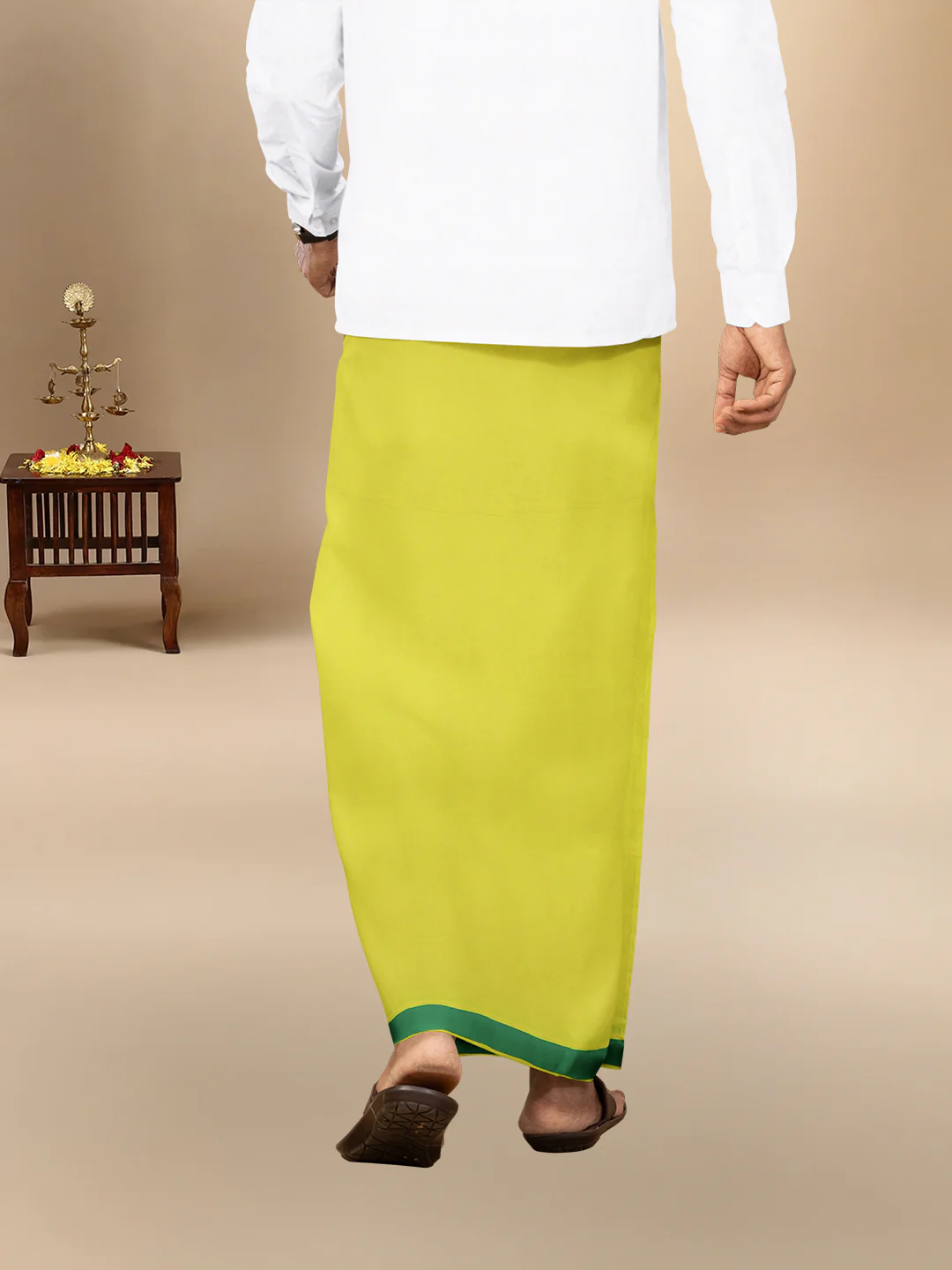Men 100% Cotton Single Layer Lime Yellow Dhoti with Fancy Border Ahimsa - Image 3