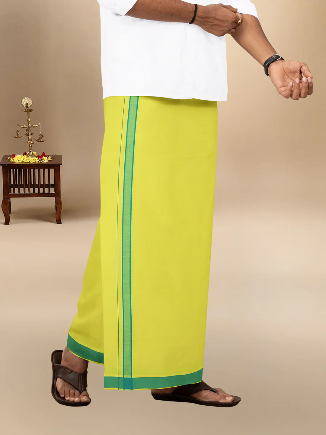 Men 100% Cotton Single Layer Lime Yellow Dhoti with Fancy Border Ahimsa - Image 4