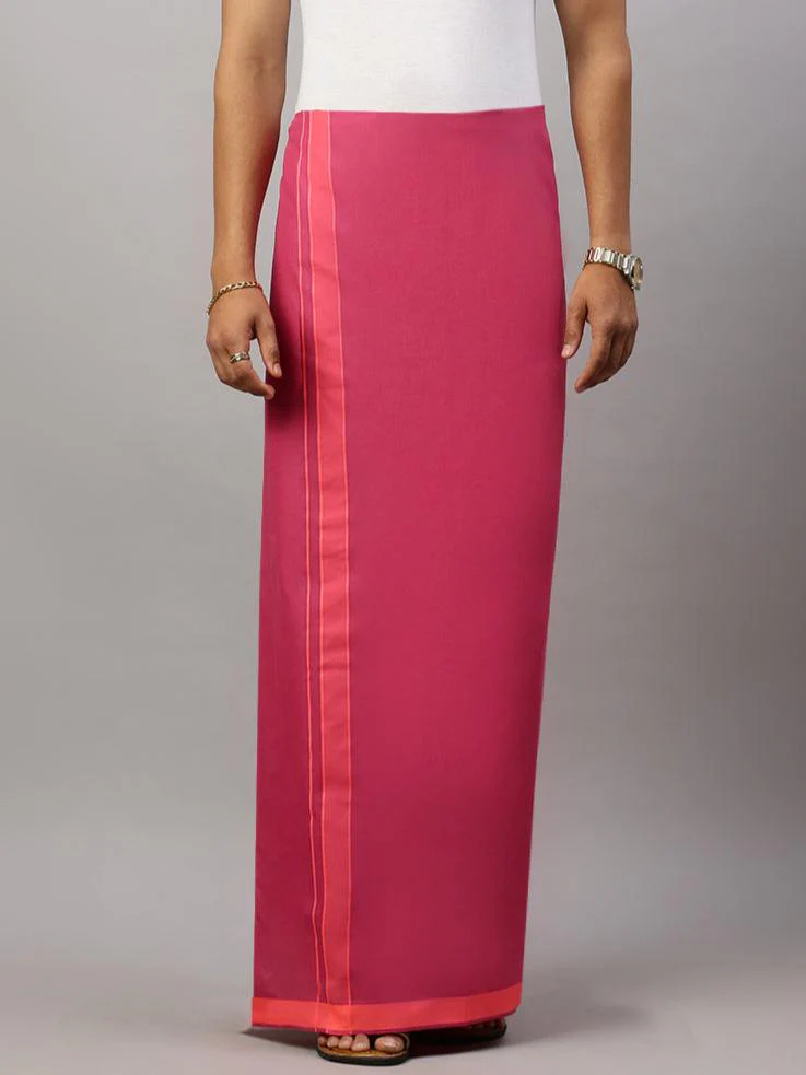 Men 100% Cotton Single Layer Magenta Dhoti with Assorted Border Ahimsa