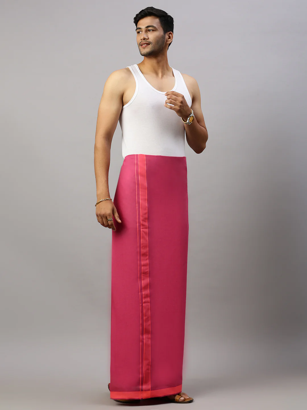 Men 100% Cotton Single Layer Magenta Dhoti with Assorted Border Ahimsa - Image 2
