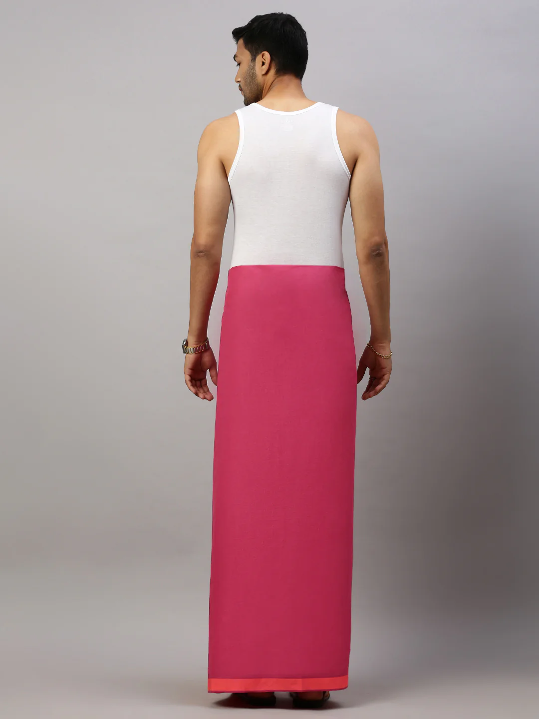 Men 100% Cotton Single Layer Magenta Dhoti with Assorted Border Ahimsa - Image 3