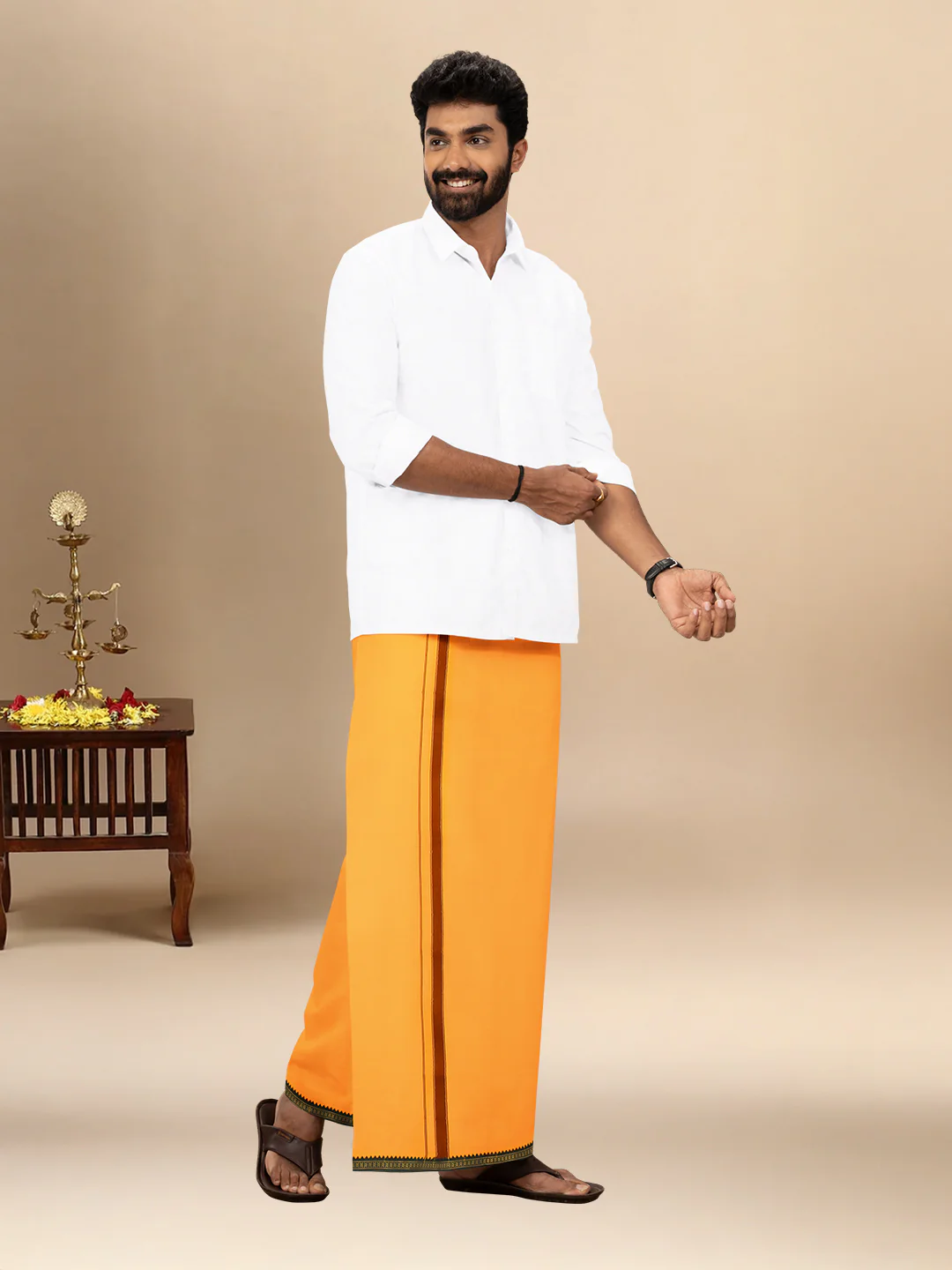 Men 100% Cotton Single Layer Mango Dhoti with Mayilkhan Border Slokam (4 Way Dhoti ) - Image 2