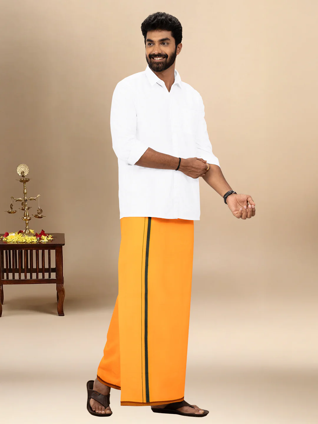 Men 100% Cotton Single Layer Mango Dhoti with Mayilkhan Border Slokam (4 Way Dhoti ) - Image 3