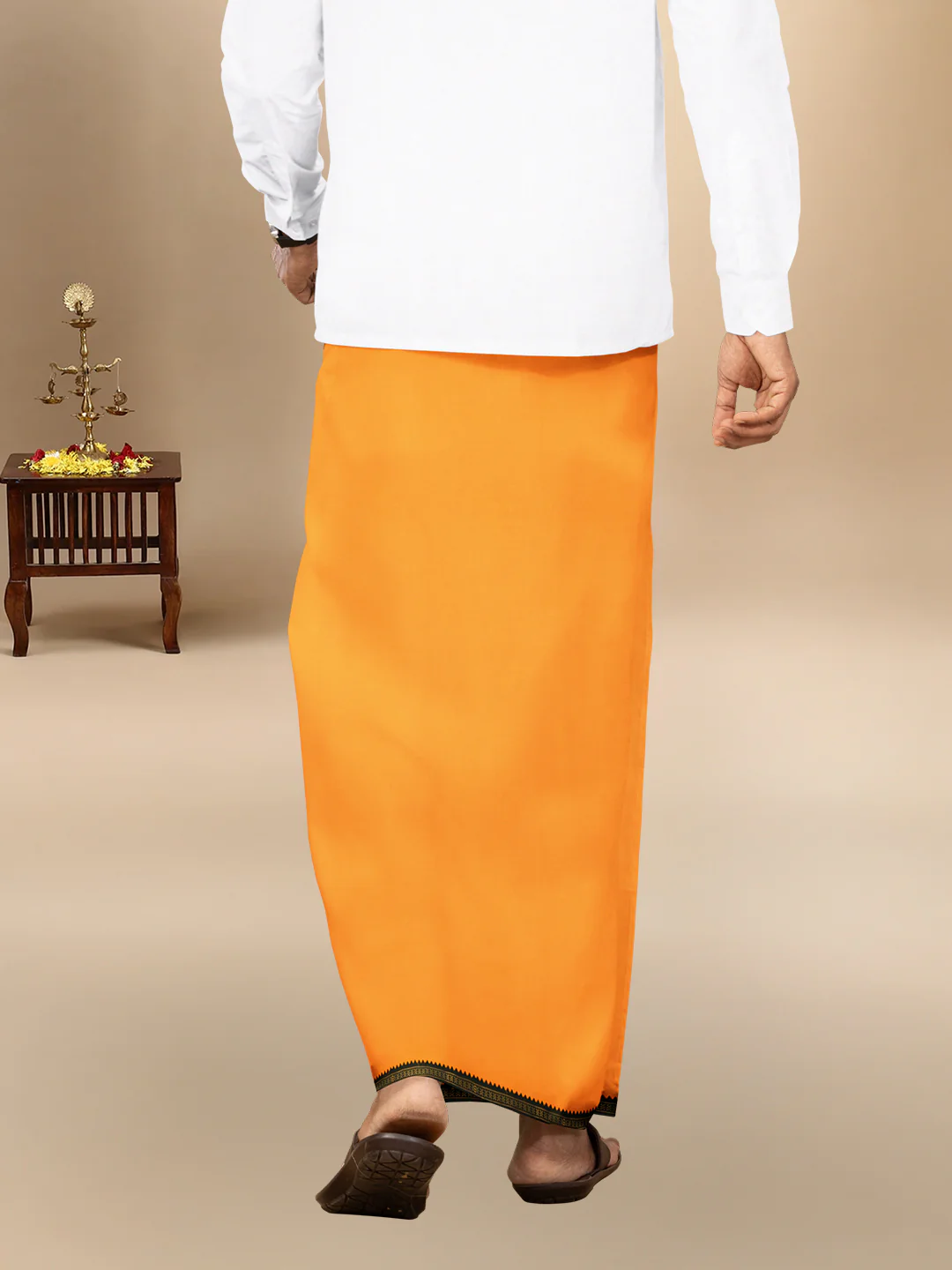 Men 100% Cotton Single Layer Mango Dhoti with Mayilkhan Border Slokam (4 Way Dhoti ) - Image 4