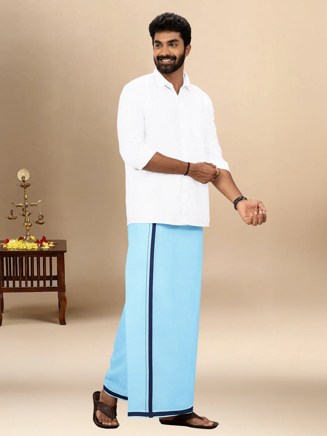 Men 100% Cotton Single Layer Mint Blue Dhoti with Big Border Poojan - Image 2