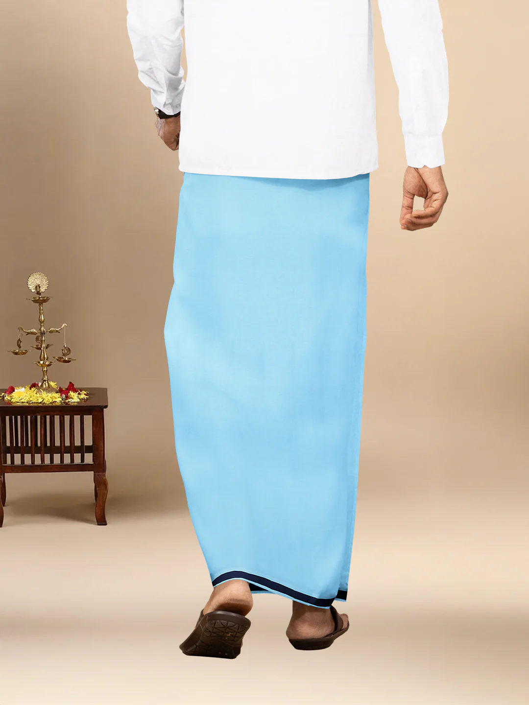 Men 100% Cotton Single Layer Mint Blue Dhoti with Big Border Poojan - Image 4