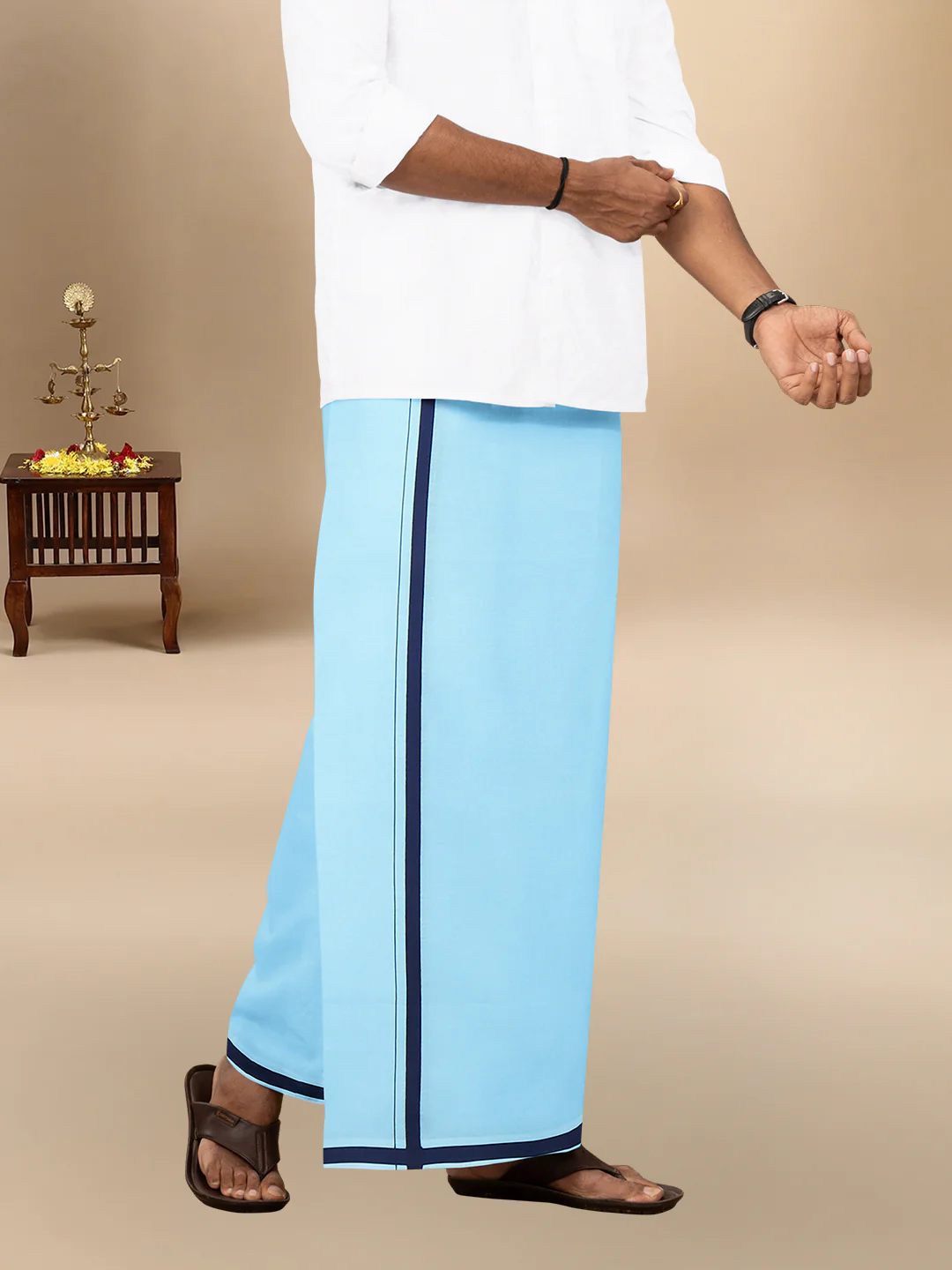Men 100% Cotton Single Layer Mint Blue Dhoti with Big Border Poojan - Image 5