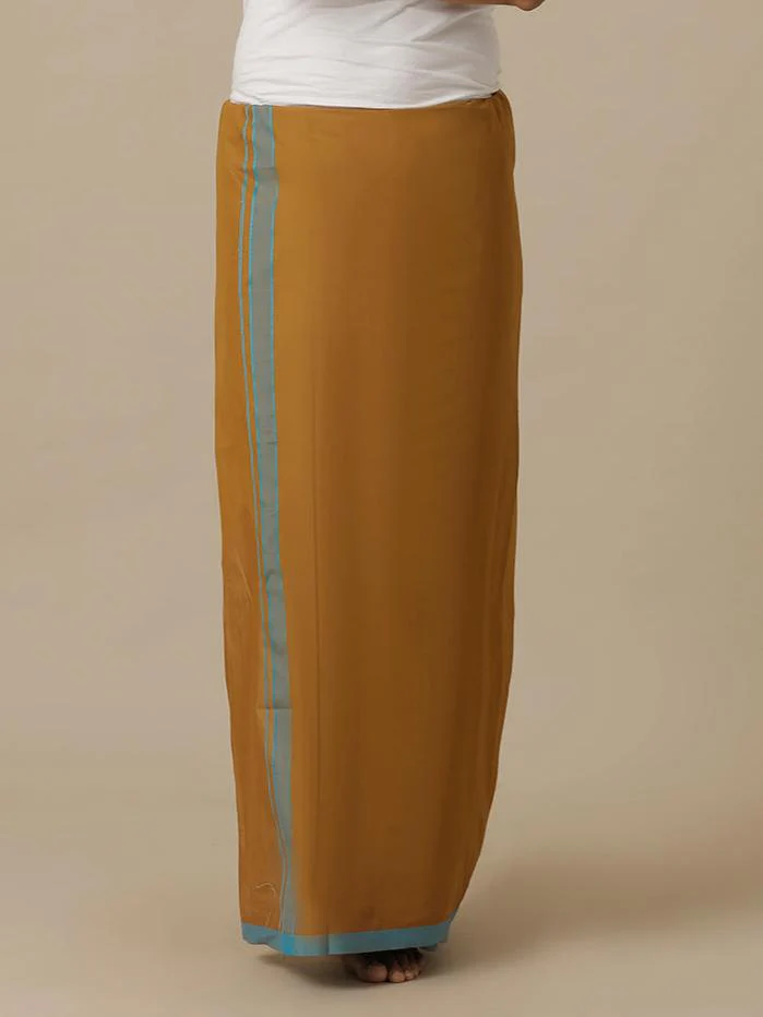 Men 100% Cotton Single Layer Mustard Dhoti with Assorted Border Ahimsa