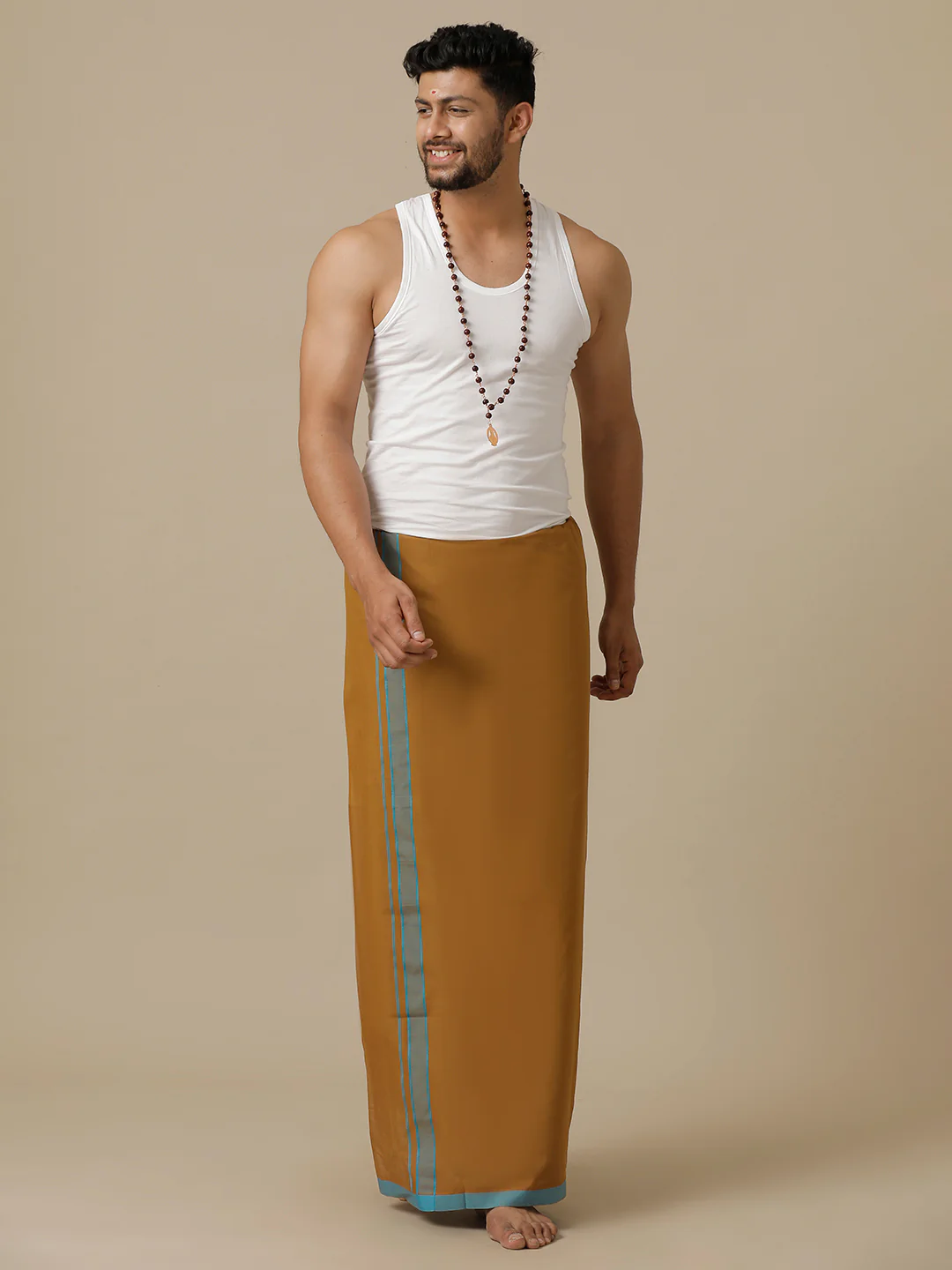 Men 100% Cotton Single Layer Mustard Dhoti with Assorted Border Ahimsa - Image 2