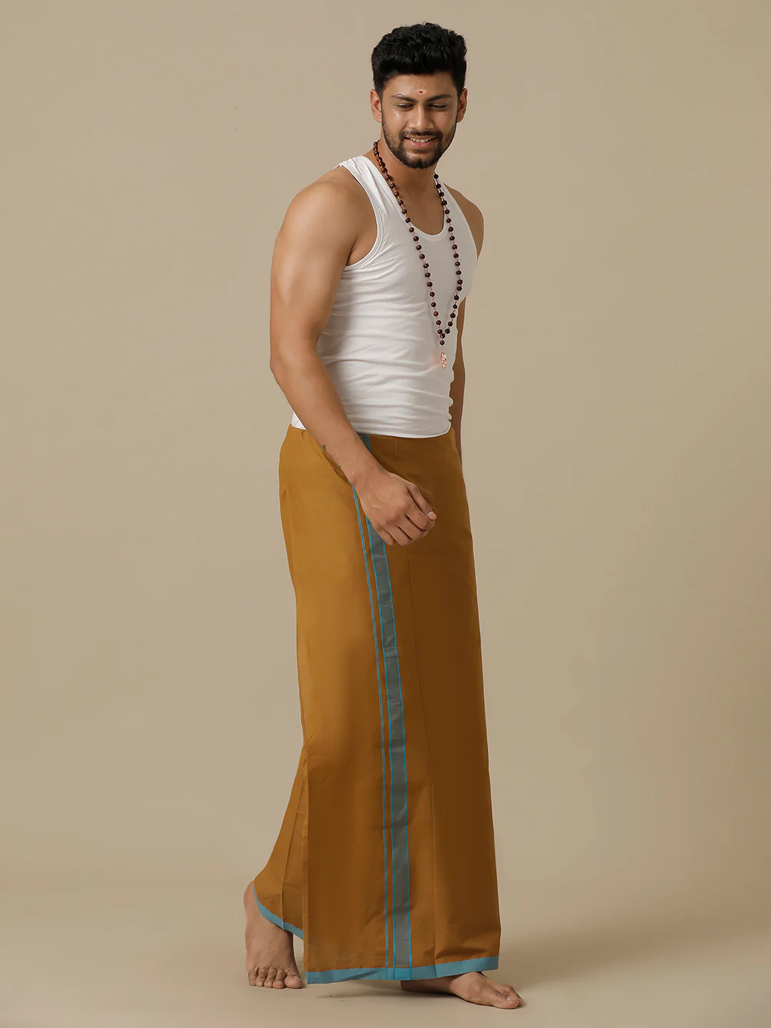 Men 100% Cotton Single Layer Mustard Dhoti with Assorted Border Ahimsa - Image 3