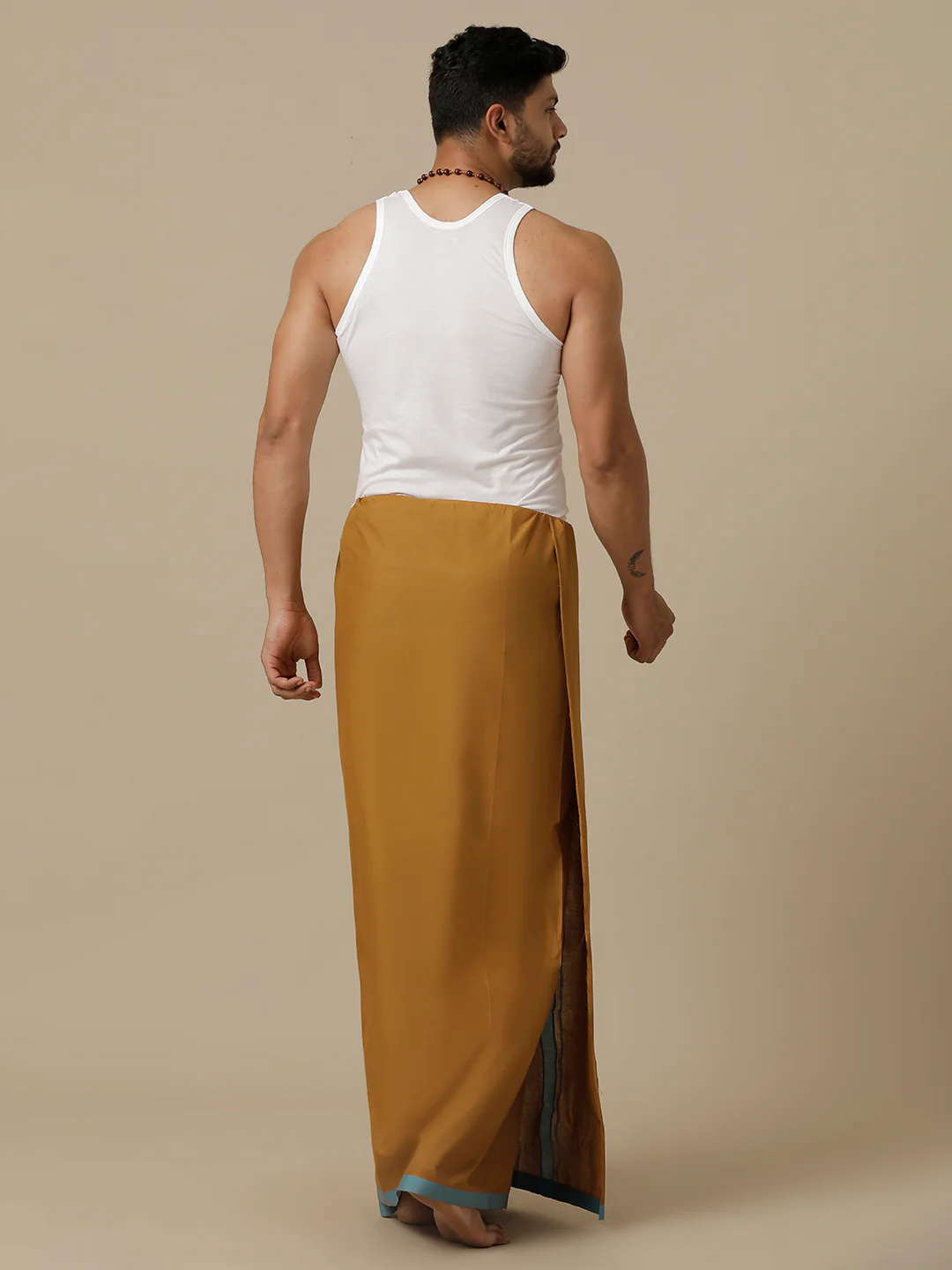 Men 100% Cotton Single Layer Mustard Dhoti with Assorted Border Ahimsa - Image 4