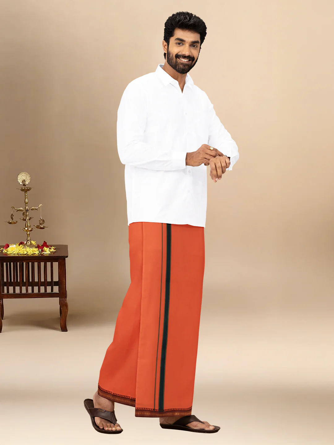 Men 100% Cotton Single Layer Orange Dhoti with Mayilkhan Border Slokam (4 Way Dhoti ) - Image 2