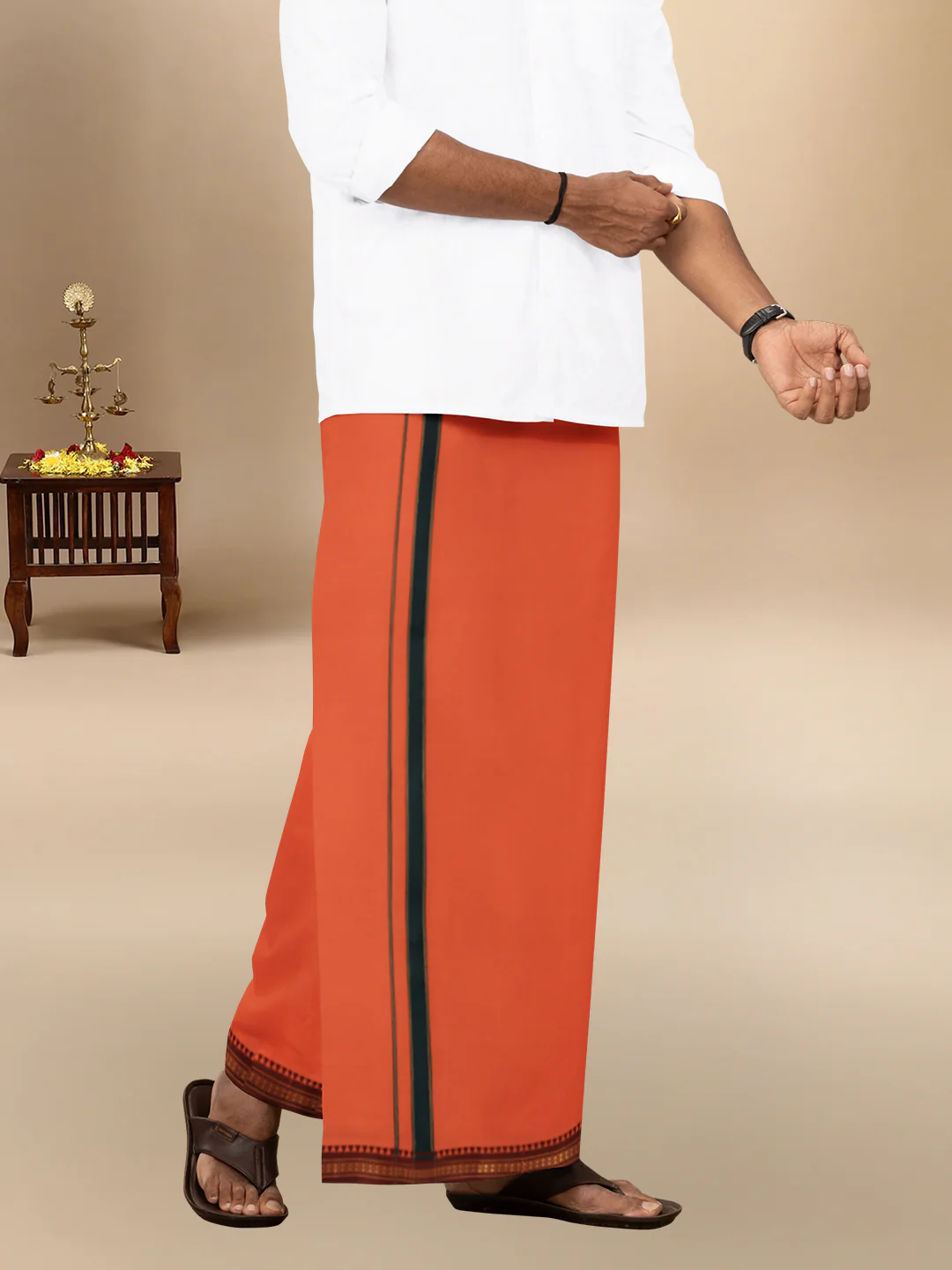 Men 100% Cotton Single Layer Orange Dhoti with Mayilkhan Border Slokam (4 Way Dhoti ) - Image 3