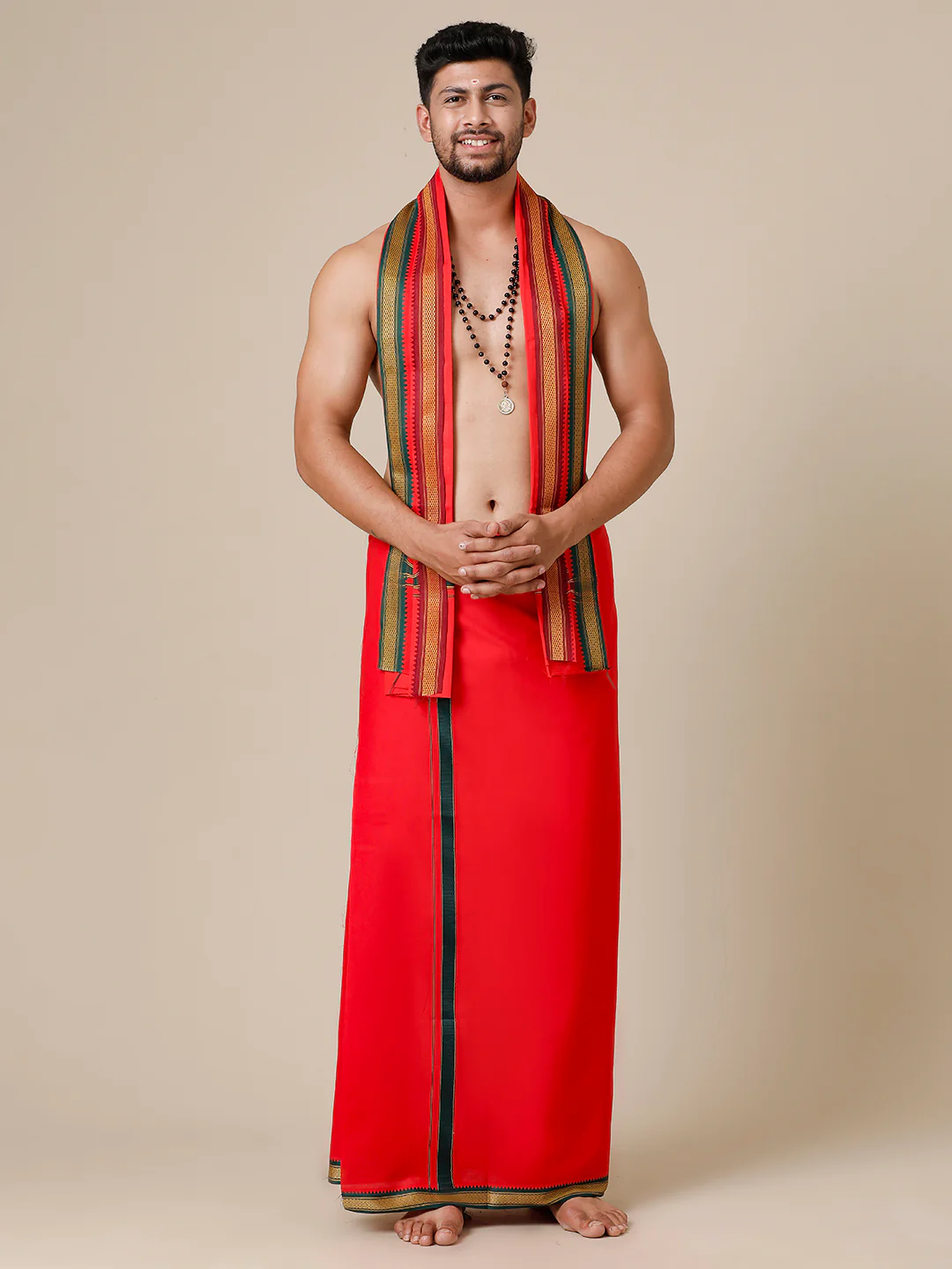 Men 100% Cotton Single Layer Red Dhoti & Towel Set with Mayilkhan Border Brindhavan