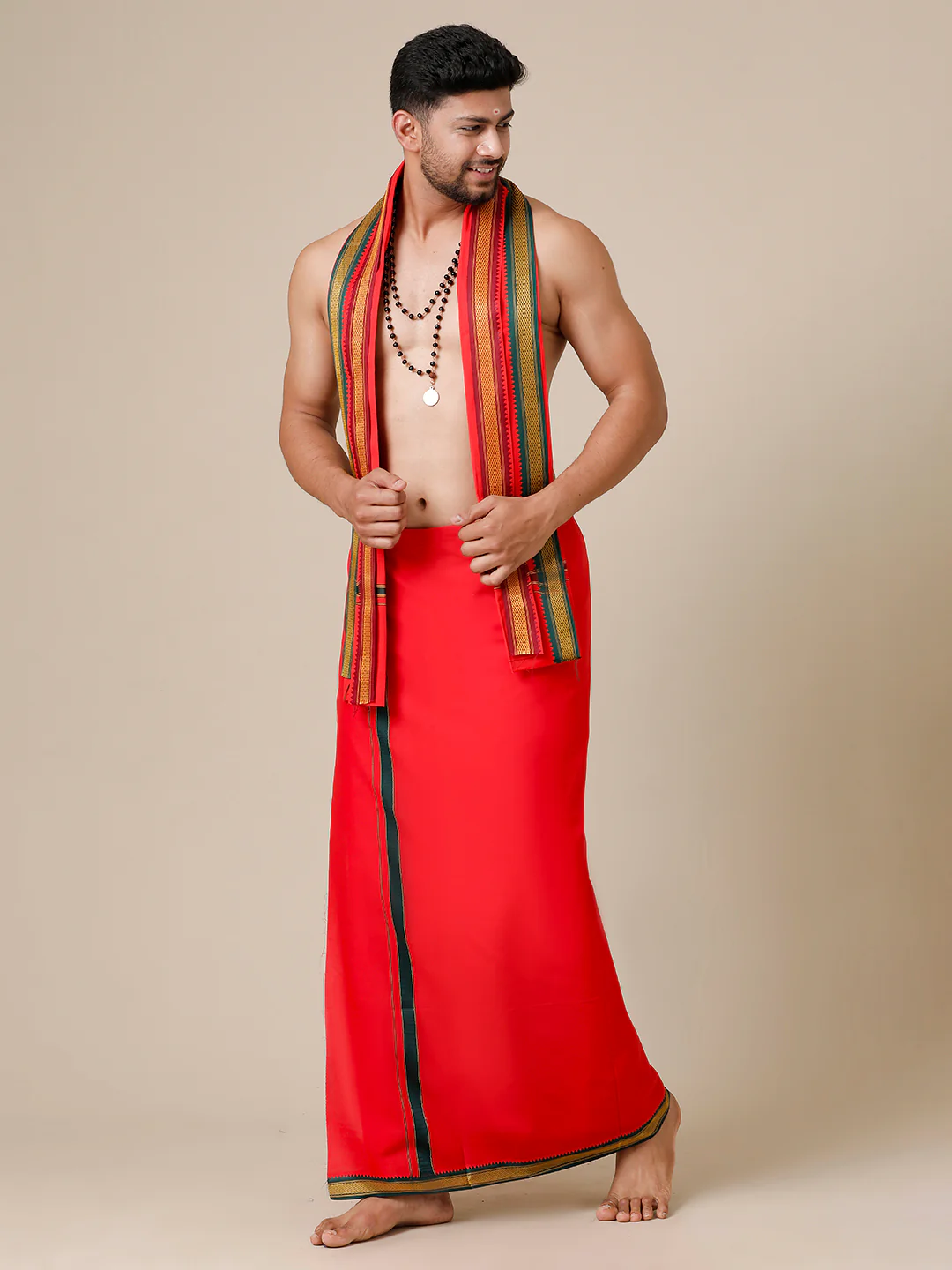 Men 100% Cotton Single Layer Red Dhoti & Towel Set with Mayilkhan Border Brindhavan - Image 2