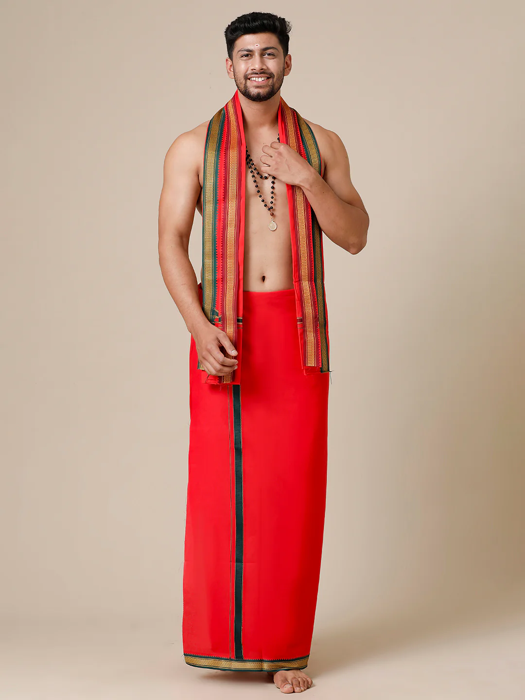 Men 100% Cotton Single Layer Red Dhoti & Towel Set with Mayilkhan Border Brindhavan - Image 3