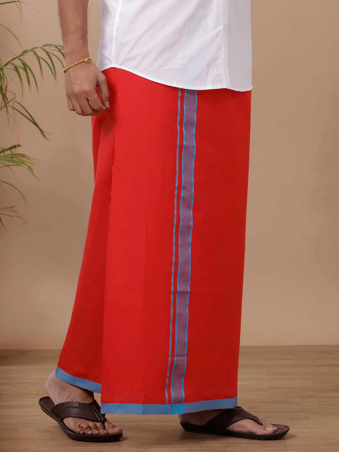 Men 100% Cotton Single Layer Red Dhoti with Assorted Border Ahimsa - Image 2