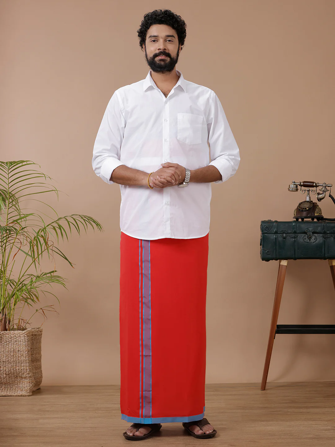 Men 100% Cotton Single Layer Red Dhoti with Assorted Border Ahimsa - Image 4