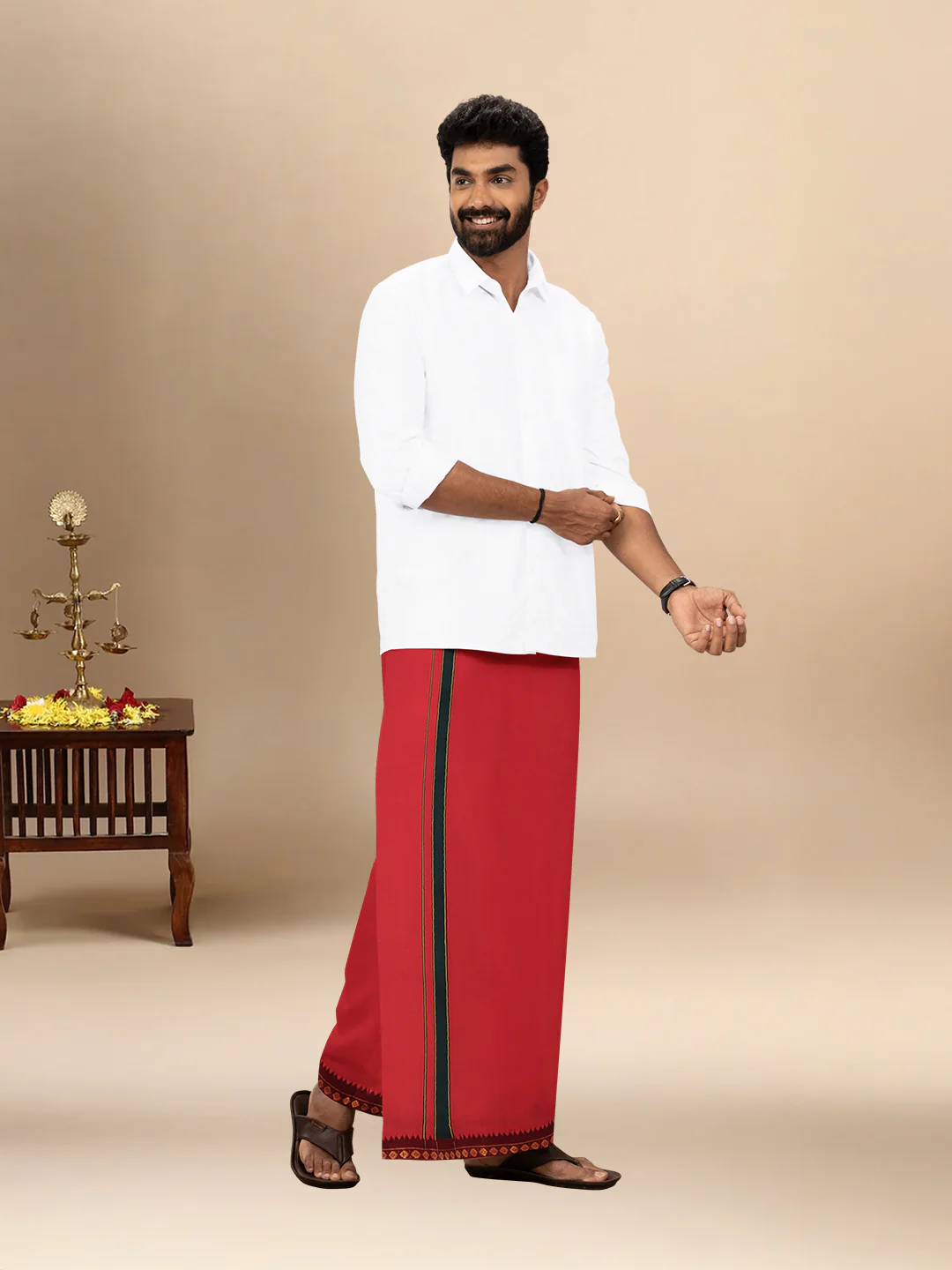 Men 100% Cotton Single Layer Red Dhoti with Mayilkhan Border Slokam (4 Way Dhoti ) - Image 2
