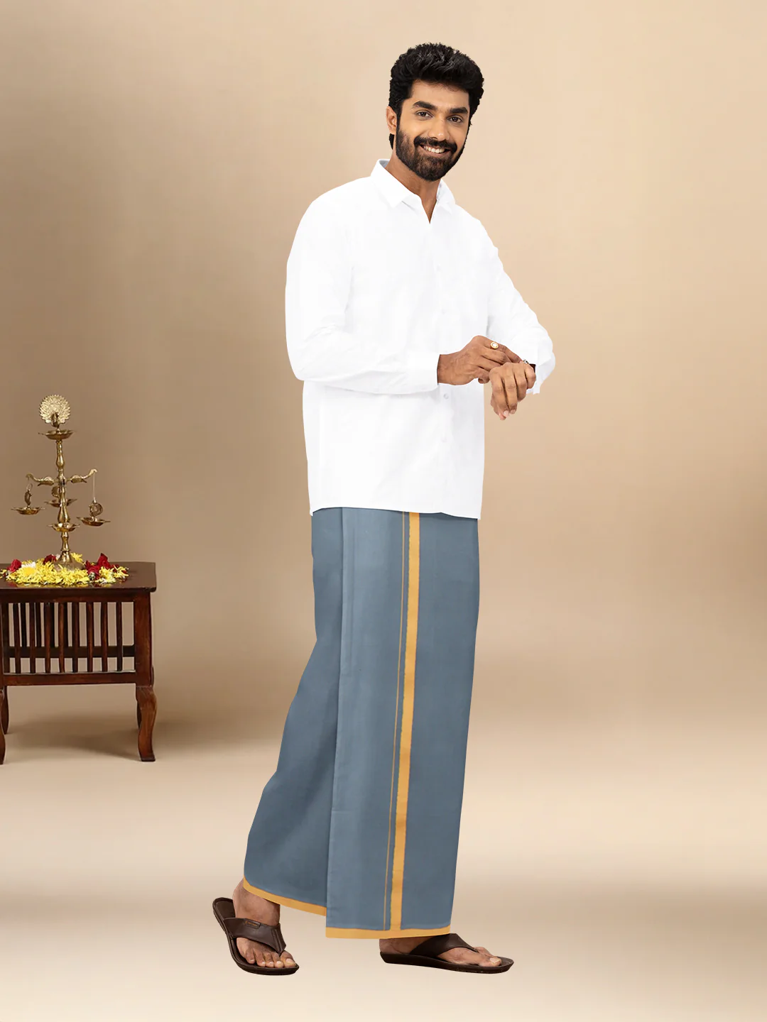 Men 100% Cotton Single Layer Steel Grey Dhoti with Big Border Poojan - Image 2