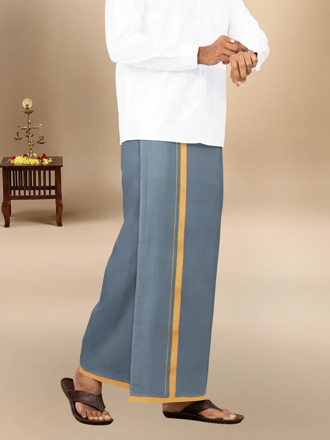 Men 100% Cotton Single Layer Steel Grey Dhoti with Big Border Poojan - Image 3