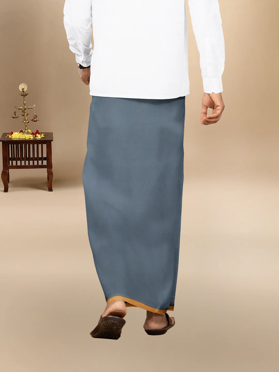 Men 100% Cotton Single Layer Steel Grey Dhoti with Big Border Poojan - Image 4