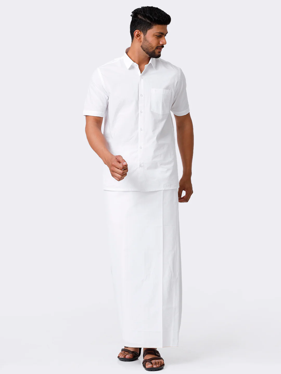 Men 100% Cotton Single Layer Stitched Prayer Dhoti with Small Border Samraj - Image 5