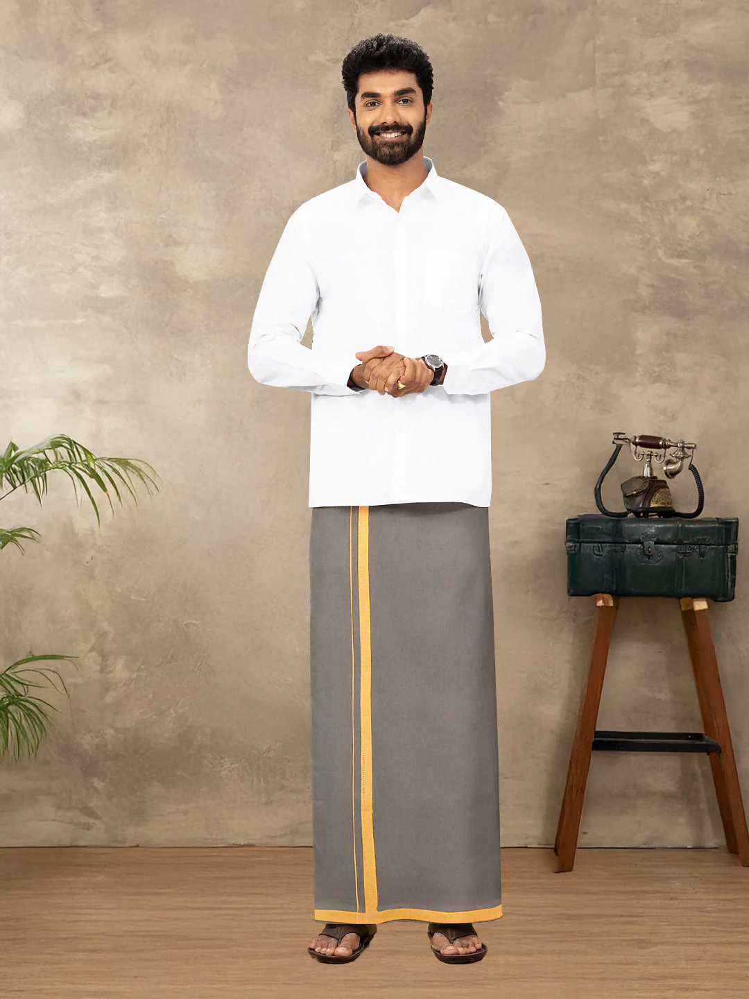 Men 100% Cotton Single Layer Stone Grey Dhoti with Big Border Poojan - Image 2