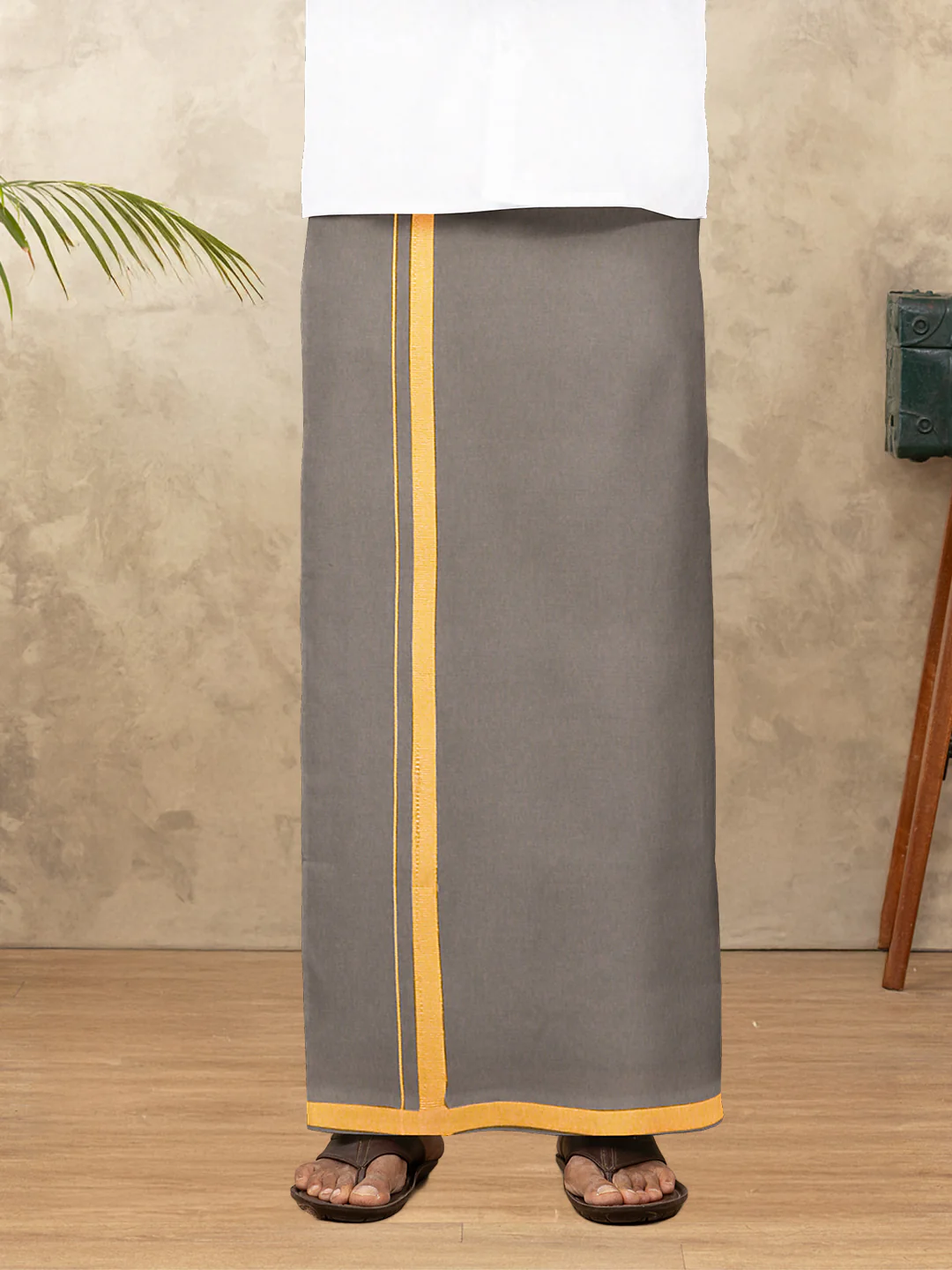 Men 100% Cotton Single Layer Stone Grey Dhoti with Big Border Poojan - Image 5