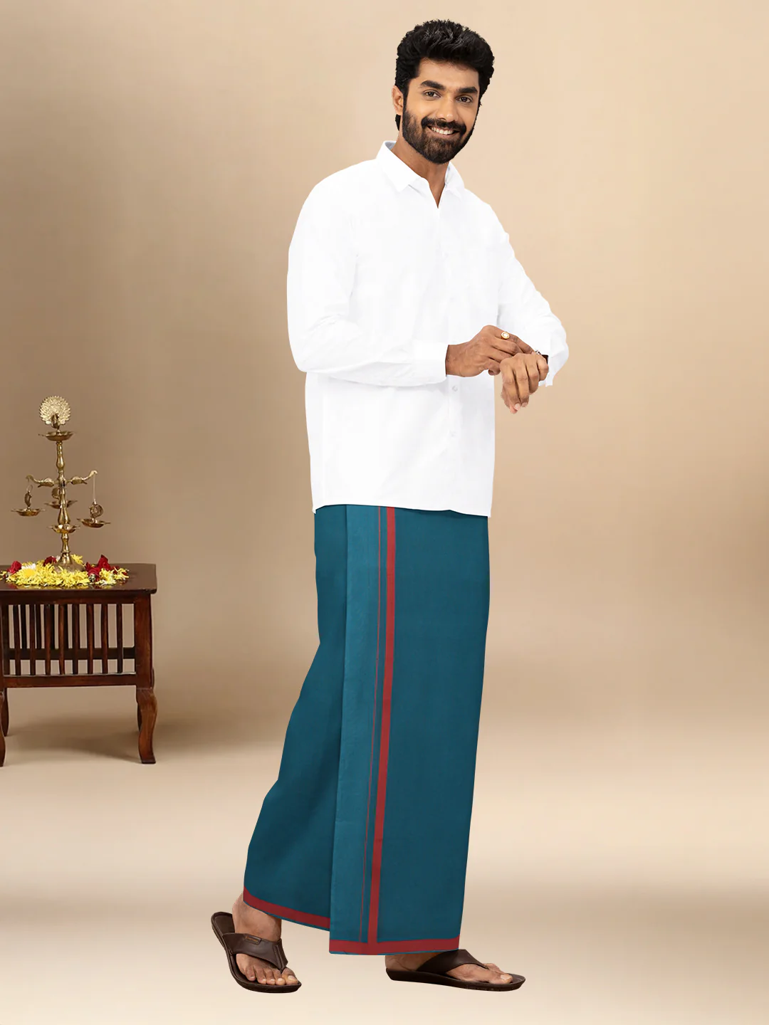 Men 100% Cotton Single Layer Teal Blue Dhoti with Big Border Poojan - Image 2