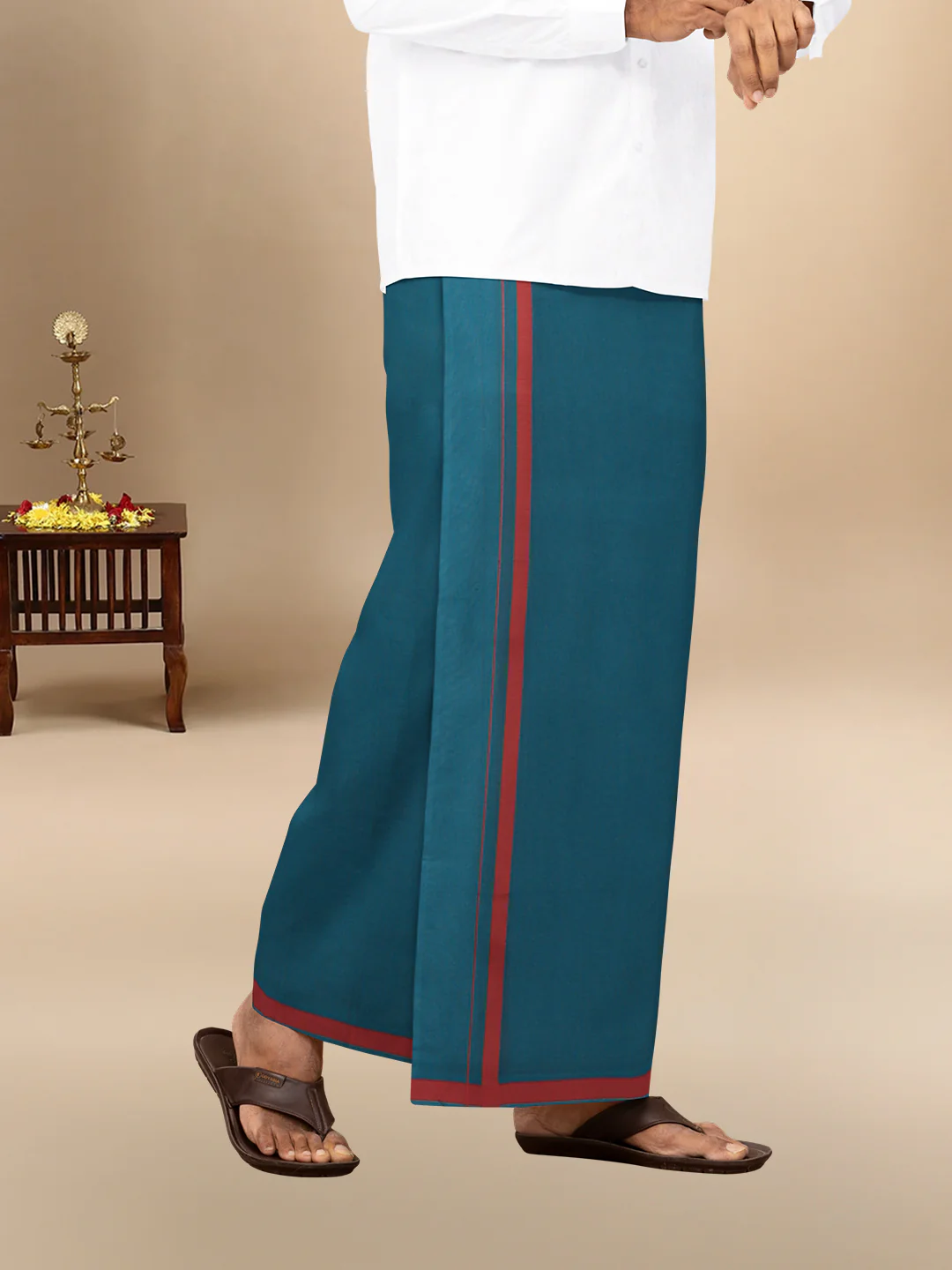 Men 100% Cotton Single Layer Teal Blue Dhoti with Big Border Poojan - Image 4