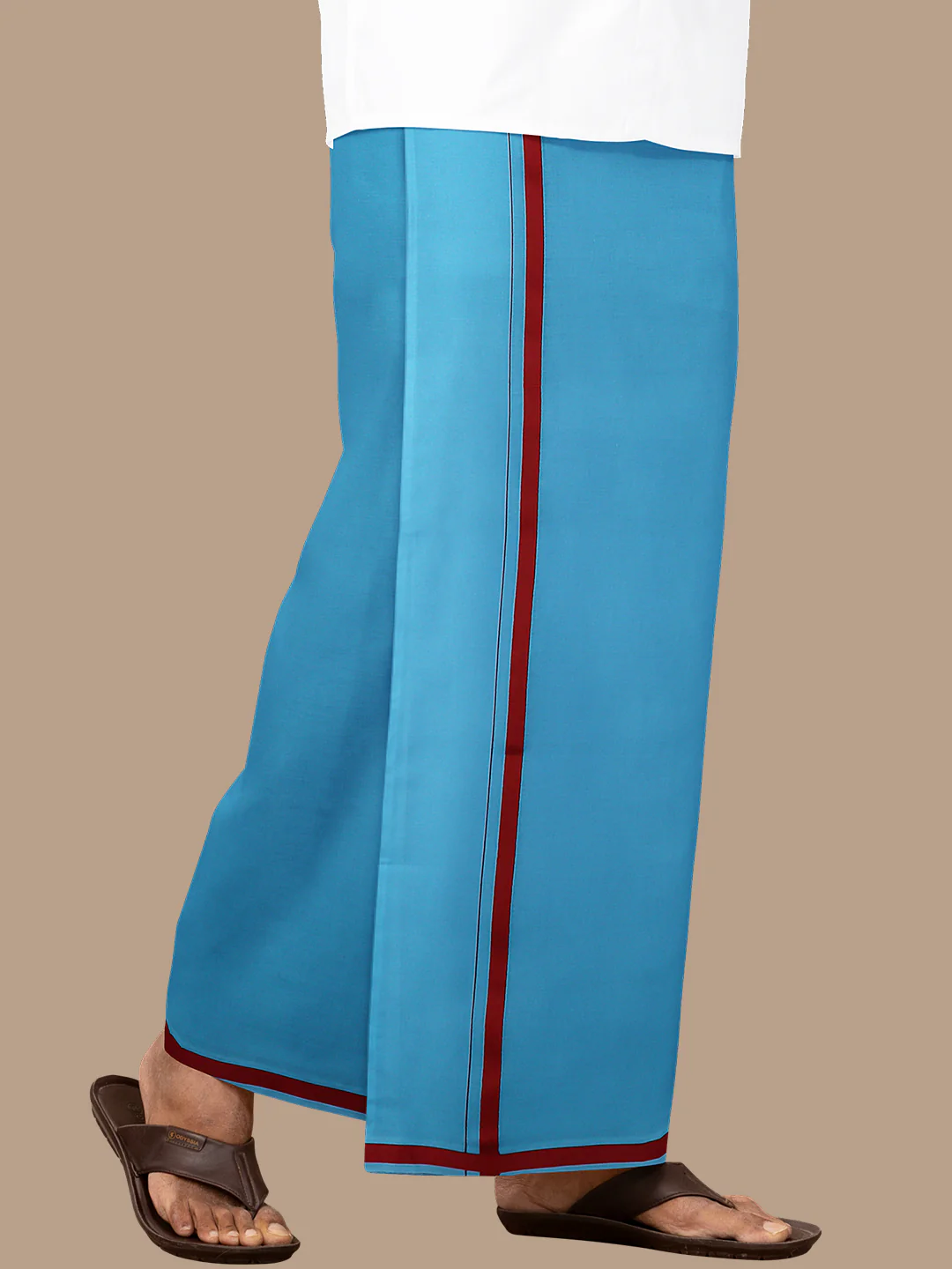 Men 100% Cotton Single Layer Turquise Blue Dhoti with Fancy Border - Image 2